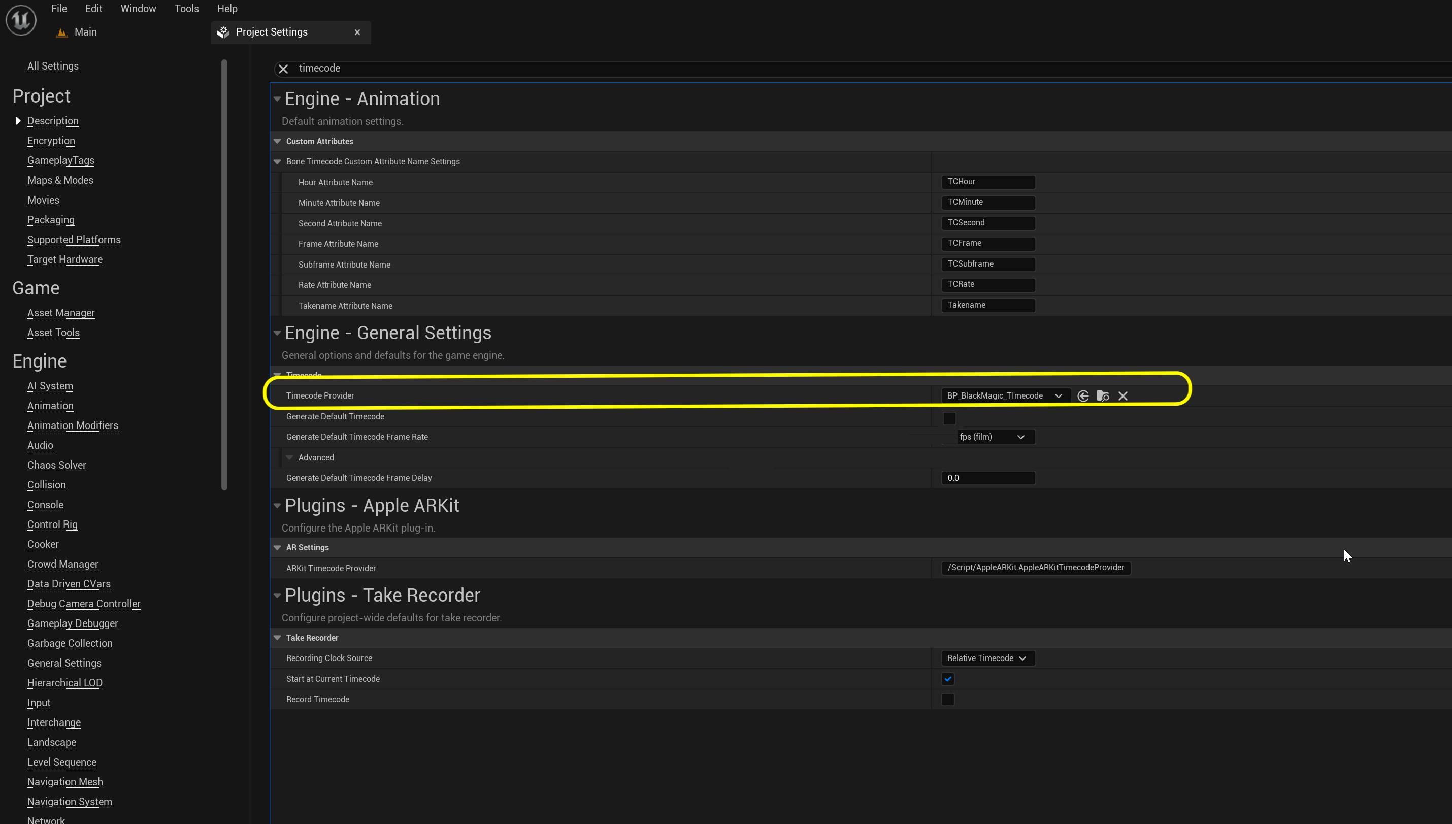 add BP_Blackmagic_Timecode to project settings