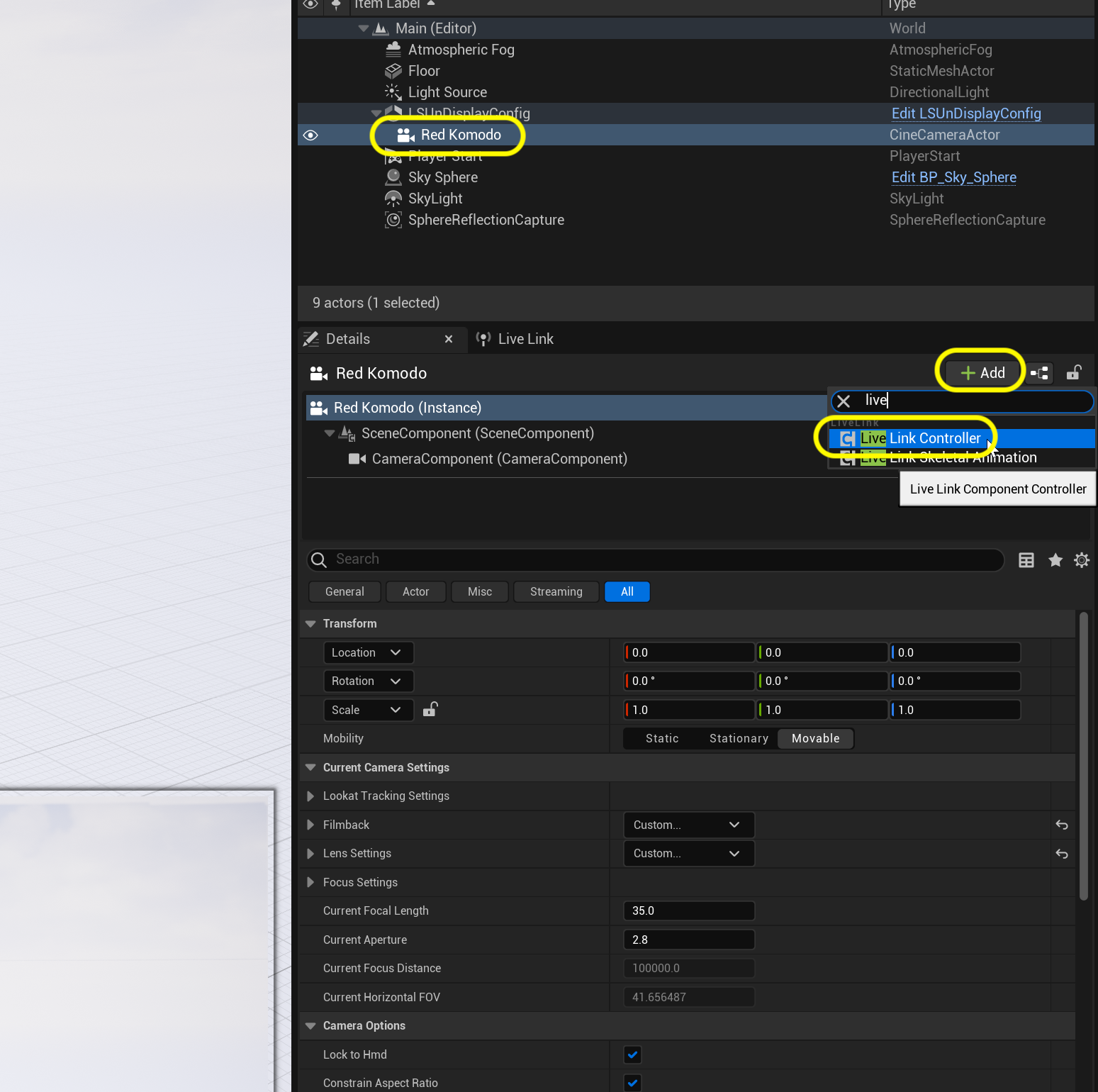 add live link controller component to RedKomodo cinecam